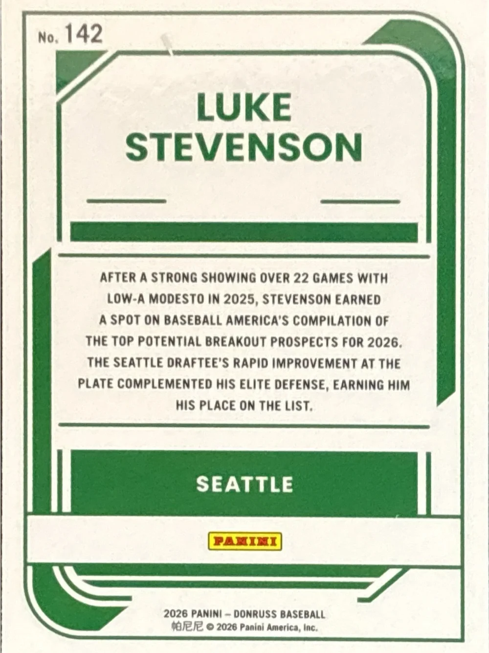 Panini Rated Prospect Luke Stevenson Baseball Card